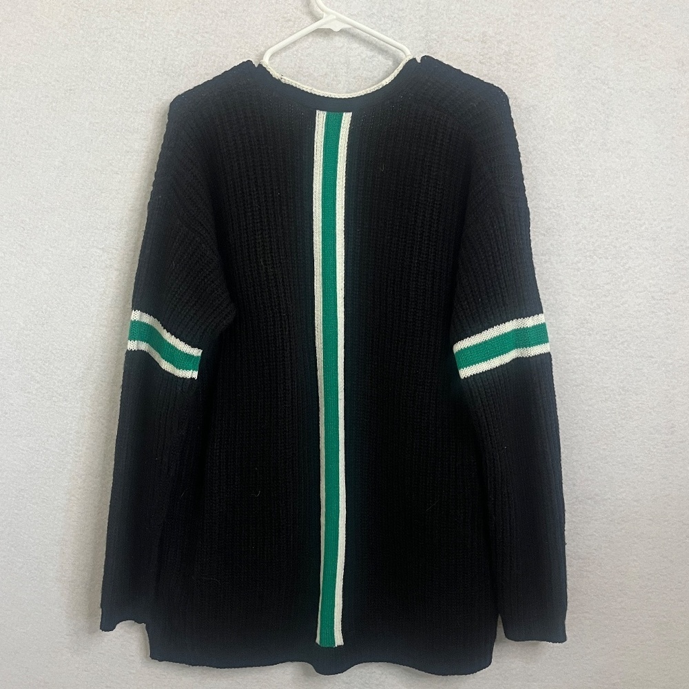 Open Front Knit Cardigan - Navy with Green & Cream Stripe Detail - Picture 2 of 7